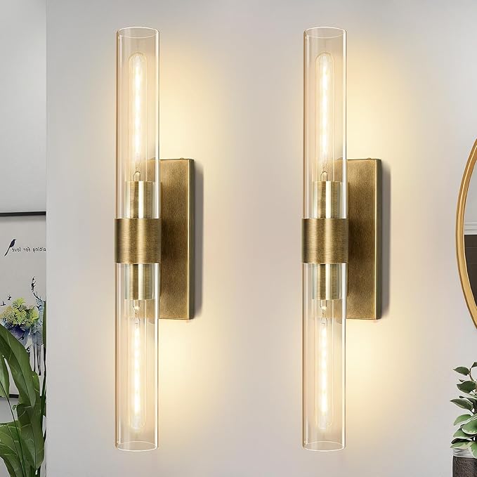 Wall Sconces Set of Two, 22.8" Gold Bathroom Sconces Wall Lighting with Clear Glass, Modern Sconces Wall Decor Brass Light Fixtures for Bathroom Mirror Living Room Hallway Bedroom