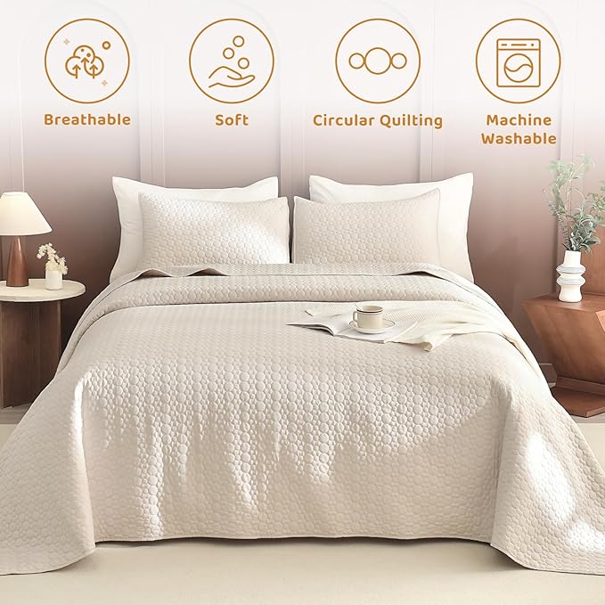 Sanracie Oversized Queen Quilt 102"*118",100% Cotton Bedspread Coverlet Lightweight Wheat Colored Extra Large 3Pcs Circular Quilting Queen bedspreads Cozy Cloud Quilt Bedding for All Season