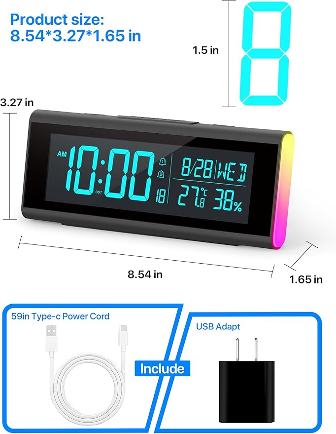 MASHI Alarm Clocks for Bedrooms, 8.54" LED Digital Clock with 9 Color Changing Night Light, Adjustable Brightness, DST,Heavy Sleepers,Temperature for Living Room, Ideal Gift for Kids,Teens,Seniors