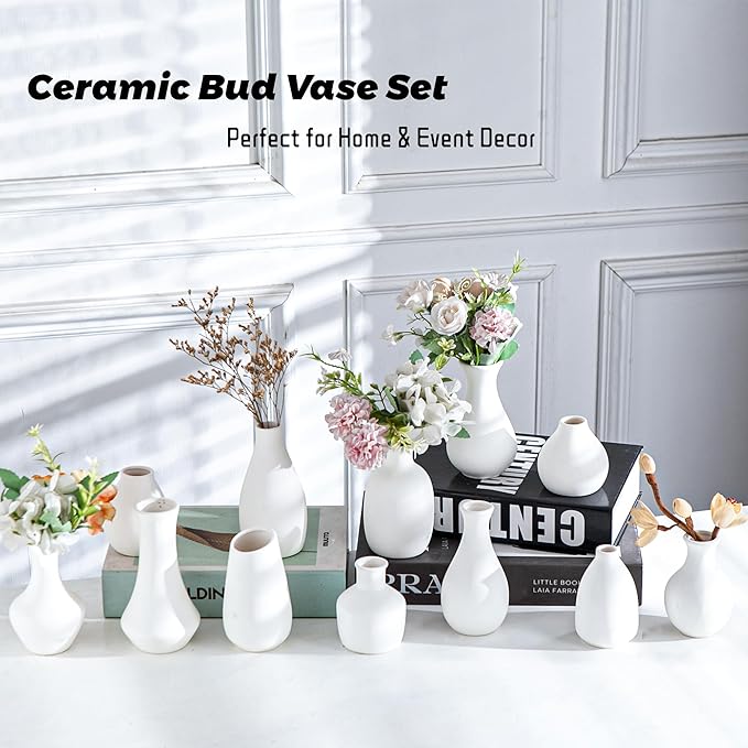 White Bud Vases Set of 12, Small Ceramic Vase in Bulk, Mini Pottery Vases for Pampas Grass Clay Vase for Wedding Table Centerpieces Decoration Modern Boho Rustic Home Decor DIY Gift