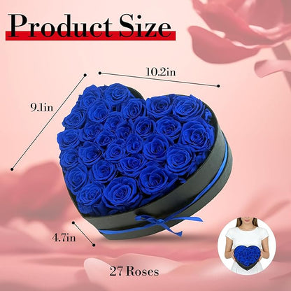 Preserved Roses Heart Shape Box Valentines Day Gifts for Her Mothers Day Forever Flowers (Blue, 27 Roses)