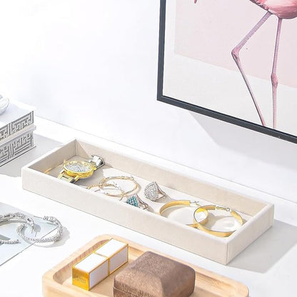 2Pcs Desk Drawer Storage Tray, Nightstand Organizer, Jewelry Display for Necklace, Bracelet, Ring, Earring, Grid Table Organizer Holder for Sunglass, Phone, Watch, Perfume (1 Grid)/Beige