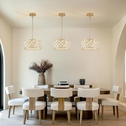 Gold Crystal Chandelier 4-Light, 12" Modern Drum Pendant Light, Small Semi Flush Mount Ceiling Light Fixture for Foyer, Entryway, Kitchen Island, Dining Room, Bedroom, Hallway