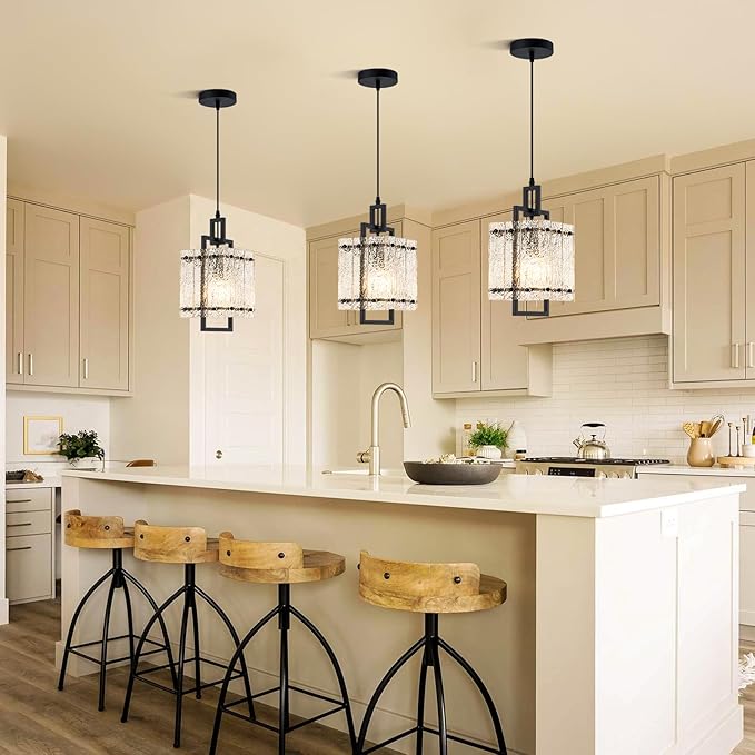 Black Glass Pendant Lights Kitchen Island, Modern Pendant Light Fixtures with Water Ripple Glass Square Pendant Lighting for Dining Room Kitchen Island