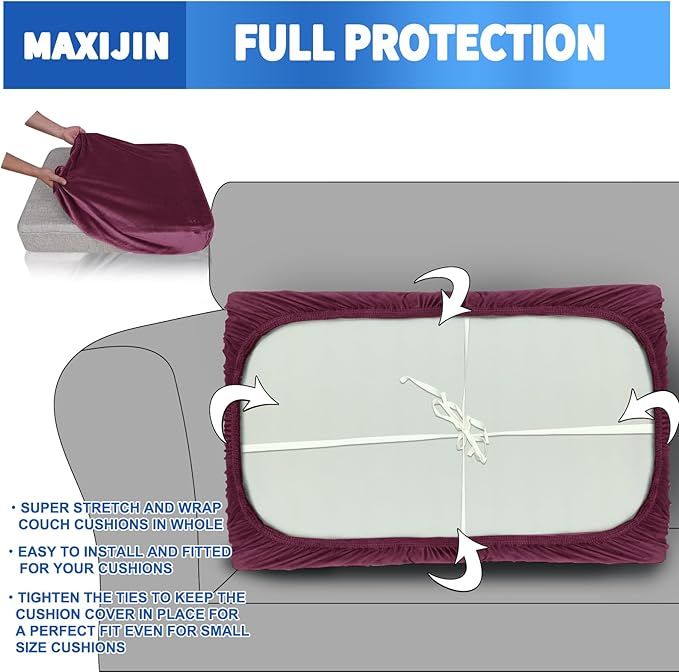 MAXIJIN Velvet Stretch Couch Cushion Covers Soft Loveseat Cushion Cover Replacement Sofa Seat Cushion Slipcovers RV Protector with Elastic Bottom (1 Piece Loveseat Cushion Cover, Wine Red)