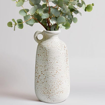 Sunddo White Ceramic Vase, Rustic Farmhouse Decorative Vase with Handle, Farmhouse Decor, Centerpieces Entryway Shelf Living Room Table Decor 10 inch