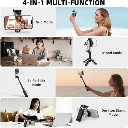Magnetic Selfie Stick Mini Tripod for iPhone, Portable Pocket 4-in-1 Multifunctional 360° Rotation Phone Handle Grip Stand with Detachable Remote/Clip/Metal Ring for MagSafe/Android【4 Legs】