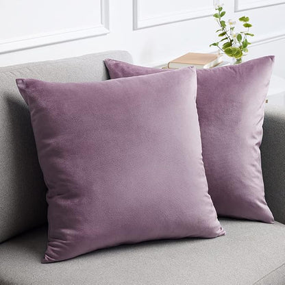 lalaLOOM Velvet Throw Pillow Covers, Set of 2, 24x24 Decorative Square Pillows Home Decor, Soft Accent Cases, Silky Machine Washable Pillowcases for Sofa, Couch, Bedroom, Living Room, Plum Purple