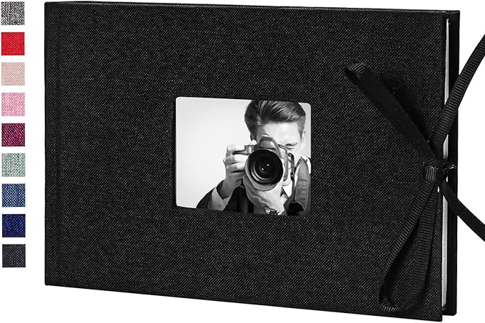 Vienrose Photo Album 4x6 50 Pockets Linen Frame Cover with Memo Areas Photobook Mini Slip-in Picture Book for Wedding Baby Vacation, Black