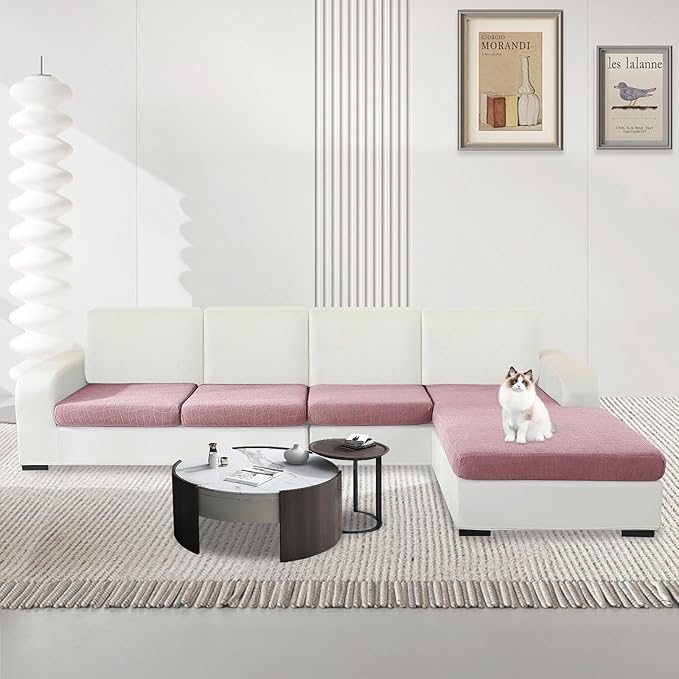 MAXIJIN Waterproof 4 Pieces Couch Cushion Covers for Sectional Sofa Seat Slipcover Stretch Sectional Couch Cover for L Shape Left/Right Chaise with Elastic Bottom (3 Seater + 1 Chaise, Dusty Pink)