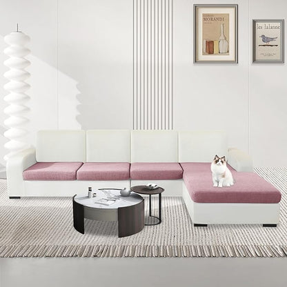 MAXIJIN Waterproof 4 Pieces Couch Cushion Covers for Sectional Sofa Seat Slipcover Stretch Sectional Couch Cover for L Shape Left/Right Chaise with Elastic Bottom (3 Seater + 1 Chaise, Dusty Pink)