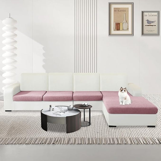 MAXIJIN Waterproof 4 Pieces Couch Cushion Covers for Sectional Sofa Seat Slipcover Stretch Sectional Couch Cover for L Shape Left/Right Chaise with Elastic Bottom (3 Seater + 1 Chaise, Dusty Pink)