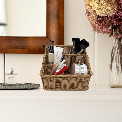 Rattan Remote Control Holder, Wicker Desk Organizer Basket for TV Remotes, Office Supplies, Makeup Brushes, Handwoven Storage Caddy for Tabletop, Shelf, or Kitchen Use (Natural Brown)