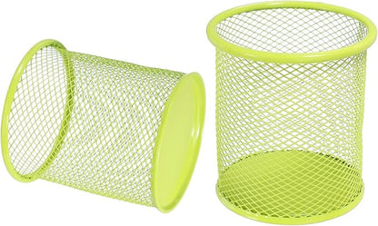 uxcell 2Pcs Mesh Pencil Holder, Metal Pen Cup Desk Organizer Makeup Brush Cup Holder for Home, Office, Classroom(Green)