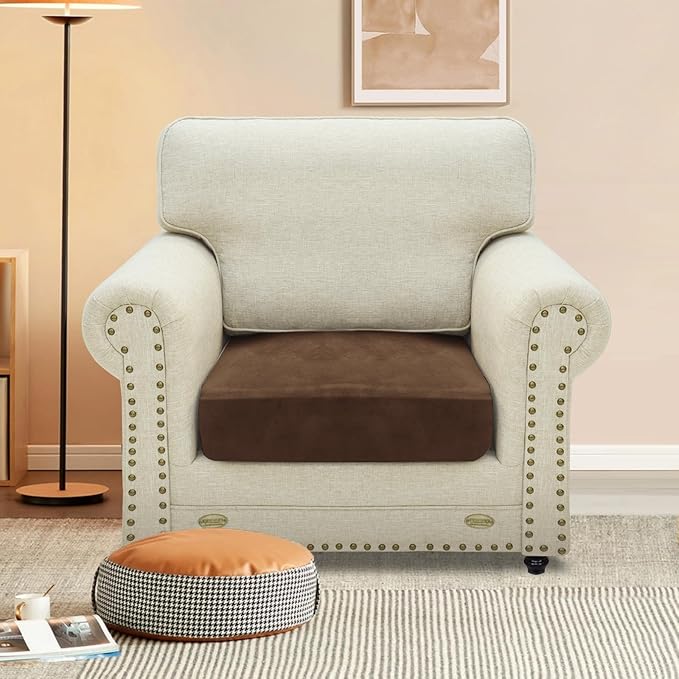 MAXIJIN Velvet Stretch Cushion Cover Fitted Couch Cushion Slipcovers 1 Pack Arm Chair Seat Cushion Cover for Individual Cushion Sofa Chair with Elastic Bottom (Chair Cushion, Dark Coffee)