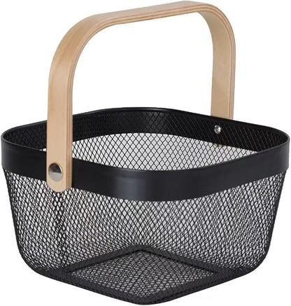 Metal Mesh Wire Basket, Mini Steel Basket with Wooden Handle Storage Organizer Basket Multi-functional Hanging Kitchen Baskets Fruit Baskets for Kitchen Bathroom Cabinet Pantry Snacks, Black