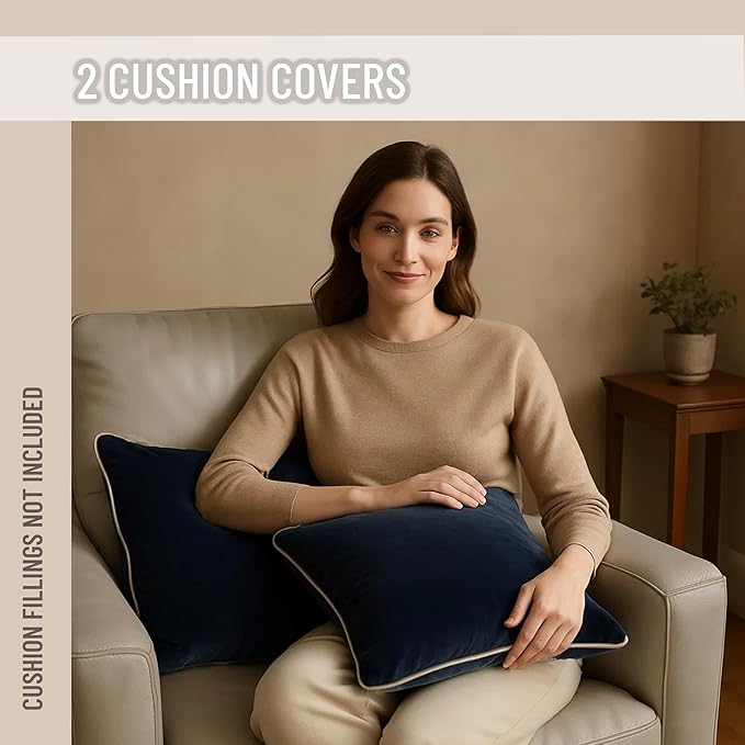 2 Pack Velvet Decorative Throw Pillow Covers, 18"x18", Navy Blue and Grey, Solid, Modern, Contrast Piping, Indoor Use, Bedroom & Living Room