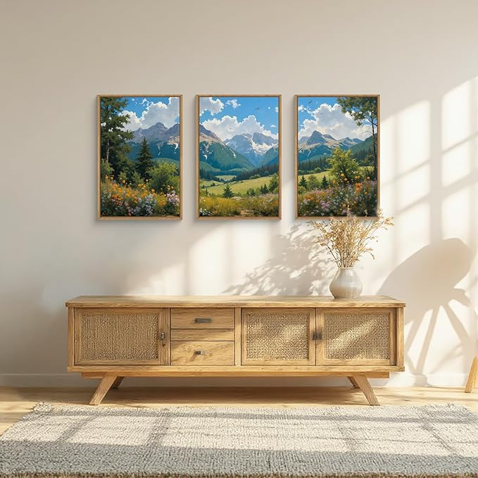 HLNIUC Green Forest Mountain Landscape 3 Piece Wall Art Framed, Colorful Wildflower Nature Wall Decor(16x24), Blue Sky White Cloud Canvas Painting, Woodland Tree Print for Living Room, Bedroom, Office