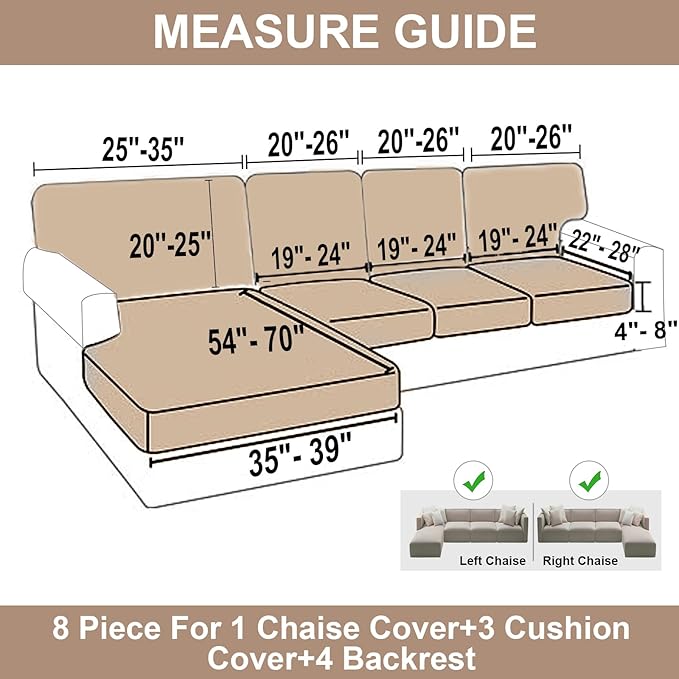 NAISI Sectional Couch Covers 8 Pieces Velvet Couch Cushion Covers L Shape Soft Stretch Sofa Slipcovers with 2pcs Pillowcases for Left/Right Chaise Sectional Couch(3 Seater+1 Chaise+4 Back,Beige)