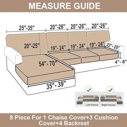 NAISI Sectional Couch Covers 8 Pieces Velvet Couch Cushion Covers L Shape Soft Stretch Sofa Slipcovers with 2pcs Pillowcases for Left/Right Chaise Sectional Couch(3 Seater+1 Chaise+4 Back,Beige)