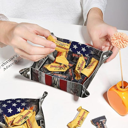 Valet Tray for Men Husband Boyfriend – Catchall Bedside Vanity Tray, Nightstand Caddy Leather Holder for Keys, Phone, Wallet, Coins, Trinkets & Jewelry Deer Skull Camo American Flag 022