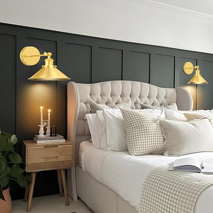 Gold Battery Operated Wall Sconce Set of 2,Vintage Wireless Wall Sconces with Remote,Dimmable Led Wall Lights,Wall Lamp Fixture Indoor Bedroom Living Room Kitchen,LED Bulbs Included