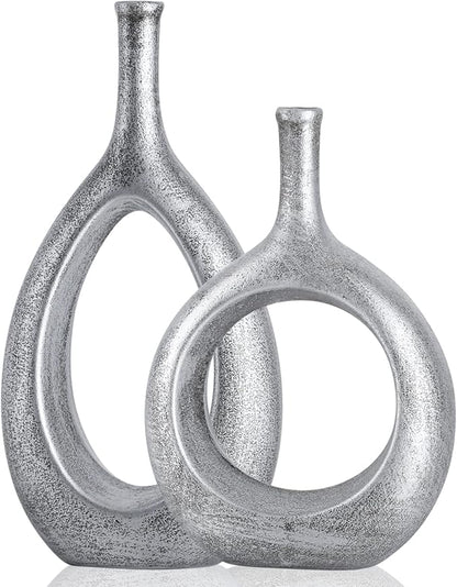 Silver Ceramic Hollow Elliptical Vase Set of 2 - Boho Circle Vase with Hole, for Modern Silver Table Decor, Living Room Decor Shelf mid Century Modern Home Entrance Decorative vase