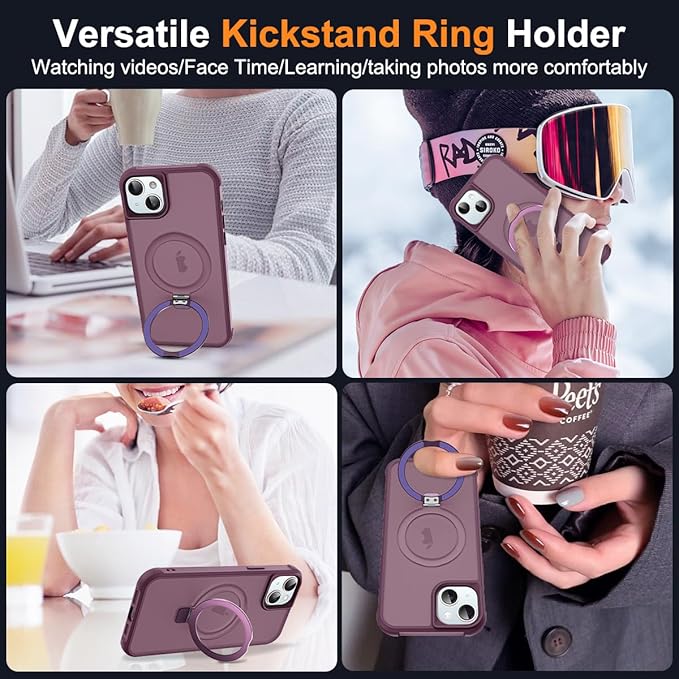 Compatible with iPhone 15 Case with Invisible Magnetic O-Ring Stand Military-Grade Translucent Case for iPhone 15 6.1" [Compatible with Mag-Safe][Great Grip Feeling], Wine Red