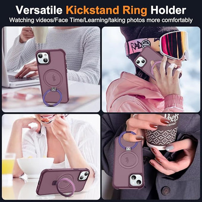 Compatible with iPhone 15 Case with Invisible Magnetic O-Ring Stand Military-Grade Translucent Case for iPhone 15 6.1" [Compatible with Mag-Safe][Great Grip Feeling], Wine Red