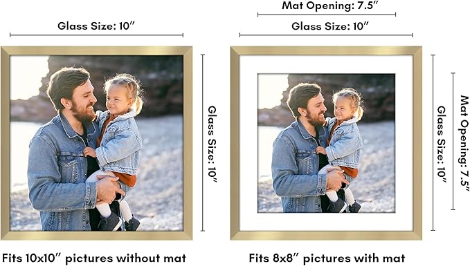 Americanflat 10x10 Picture Frame with Shatter-Resistant Glass - Use as 8x8 Frame with Mat or Display 10x10 Photo Without Mat - Streamline Collection - Square Frames for Tabletop or Wall - Gold