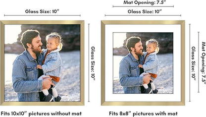 Americanflat 10x10 Picture Frame with Shatter-Resistant Glass - Use as 8x8 Frame with Mat or Display 10x10 Photo Without Mat - Streamline Collection - Square Frames for Tabletop or Wall - Gold