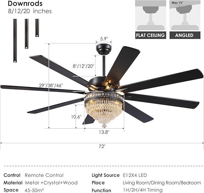 Asyko Crystal Ceiling Fan Fandelier with Lights - Modern Outdoor Fans with Remote Control,Noiseless DC Motor, Retro/Farmhouse Lighting, Dining Room,Living Room (72"