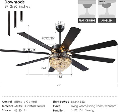 Asyko Crystal Ceiling Fan Fandelier with Lights - Modern Outdoor Fans with Remote Control,Noiseless DC Motor, Retro/Farmhouse Lighting, Dining Room,Living Room (72"