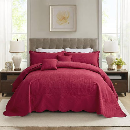 HZ & HY Oversized King Bedspread 128x120 Extra Wide, Ultrasonic Coverlet Bedding Set, Lightweight Thin Comforter, Reversible, 5 Piece, 100% Microfiber, Wine Red