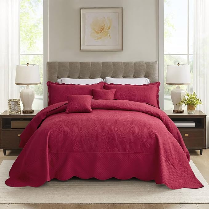 HZ & HY Oversized King Bedspread, Ultrasonic Coverlet Bedding Set, Lightweight Thin Comforter, Reversible, 5 Piece, 100% Microfiber, Wine Red
