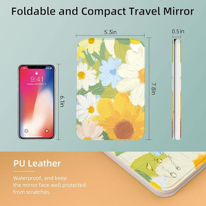 Rechargeable Travel Lighted Makeup Mirror with PU Leather Cover, Portable Travel Makeup Mirror with Lights, 3 Color Lighting,Touch Sensor Dimmable, Light Up Tabletop Cosmetic Mirror Folding Flower