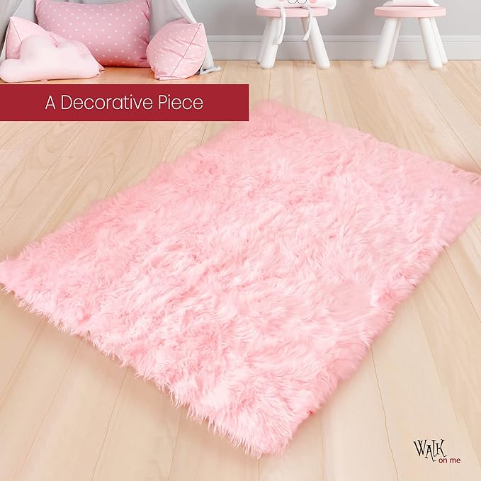 Silky Soft Faux Fur Rug, 3 ft. x 5 ft. Pink Fluffy Rug, Sheepskin Rectangle Shaggy Pink Carpet for Living Room, Bedroom, Kids Room, or Nursery Home Décor Accent Machine Washable with Non-Slip Backing
