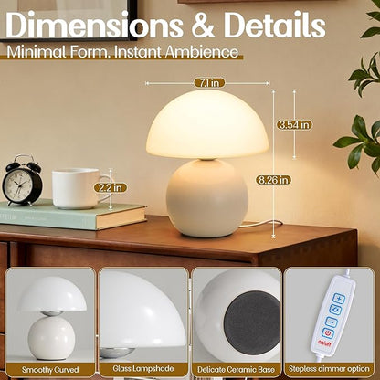 Cute Small Mushroom Lamp Decor,USB-Plug in Bedside Table Lamps with 3-Temperature LED Bulb Dimmable,Modern Aesthetic Home Decor for Livingroom/Bedroom/Dorm/Nursery (White with Plug)