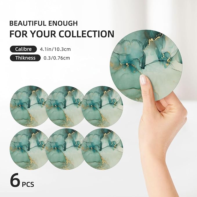 6 Pcs Ceramic Coasters with Holder Absorbent Drink Round Blue Green Jade Texture Marble with Golden Design for Home Table Coffee Cup Wine Beer Bar,Size 4.4 inches