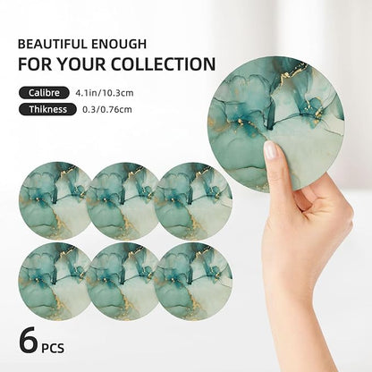 6 Pcs Ceramic Coasters with Holder Absorbent Drink Round Blue Green Jade Texture Marble with Golden Design for Home Table Coffee Cup Wine Beer Bar,Size 4.4 inches