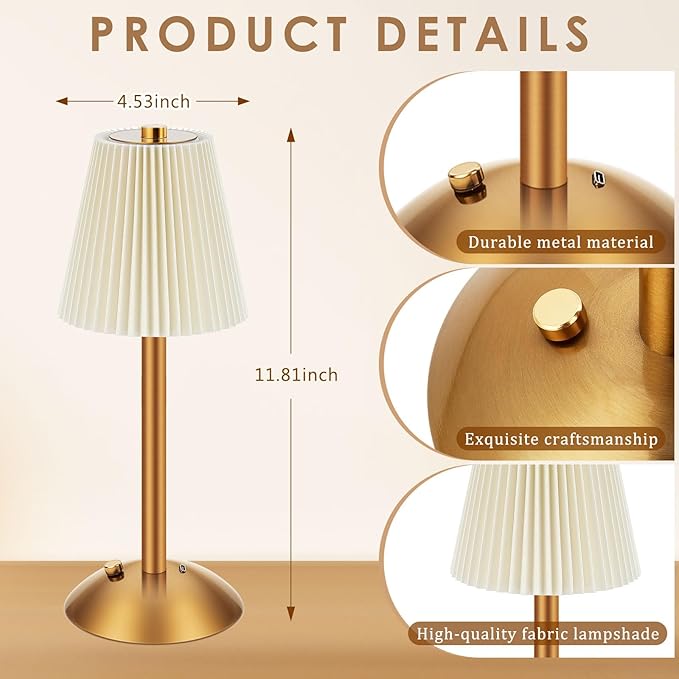 Liliful 2 Pcs Cordless Table Lamp Rechargeable Touch LED Small Gold Portable Battery Operated USB-c Desk Lamp 3 Color Dimmable for Bedroom Living Room Dining (Gold,Beige Cloth Style)