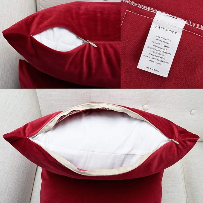 Artaimee Harvard Crimson Velvet Throw Pillow Covers – 18x18 Inches, Set of 2 – Soft, Cozy Cushion Covers for Sofa, Bed, Chair, Couch, Home Décor
