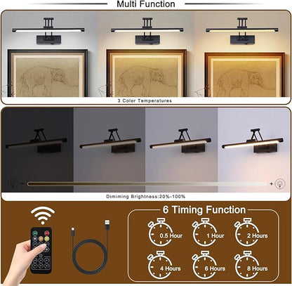 Battery Operated Picture Light with Remote 16” Black Art Light for Painting Dimmable & Timer Wireless Gallery Lights 3CCT Frame lighting Rechargeable Wall Lights for Artwork Potrait Dartboard