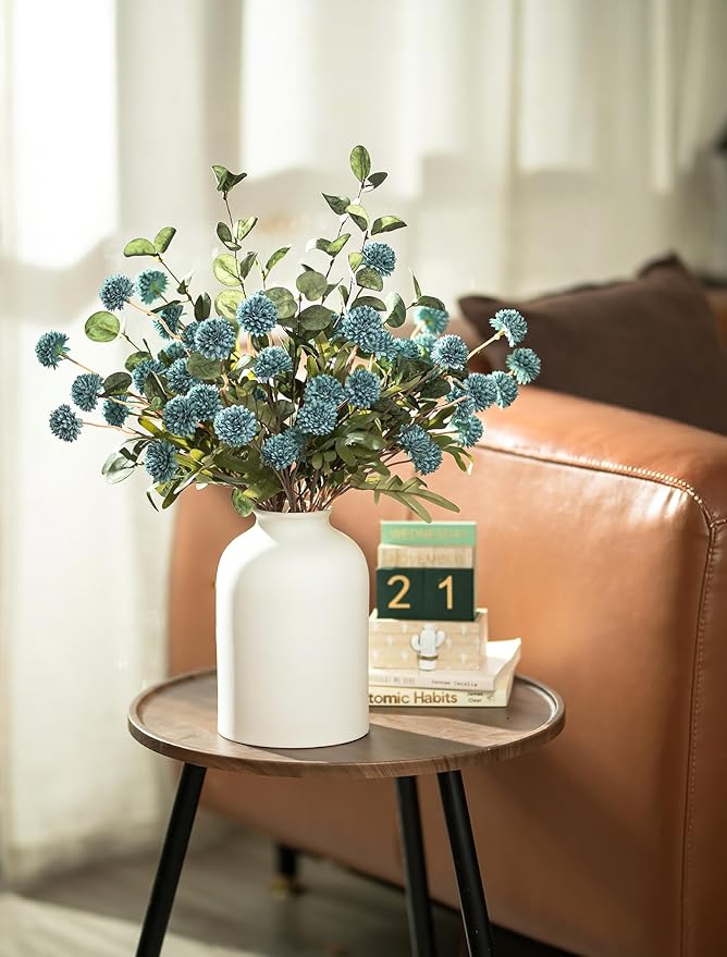 BLOSMON Blue Flowers Artificial for Decoration: Ceramic Vase with 12 Stems of Dusty Blue Flowers Fake Mums Kiku Eucalyptuses for Home Table Centerpieces - Faux Pom Poms Floral Arrangement Dining Room
