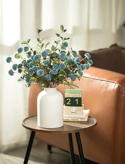 BLOSMON Blue Flowers Artificial for Decoration: Ceramic Vase with 12 Stems of Dusty Blue Flowers Fake Mums Kiku Eucalyptuses for Home Table Centerpieces - Faux Pom Poms Floral Arrangement Dining Room