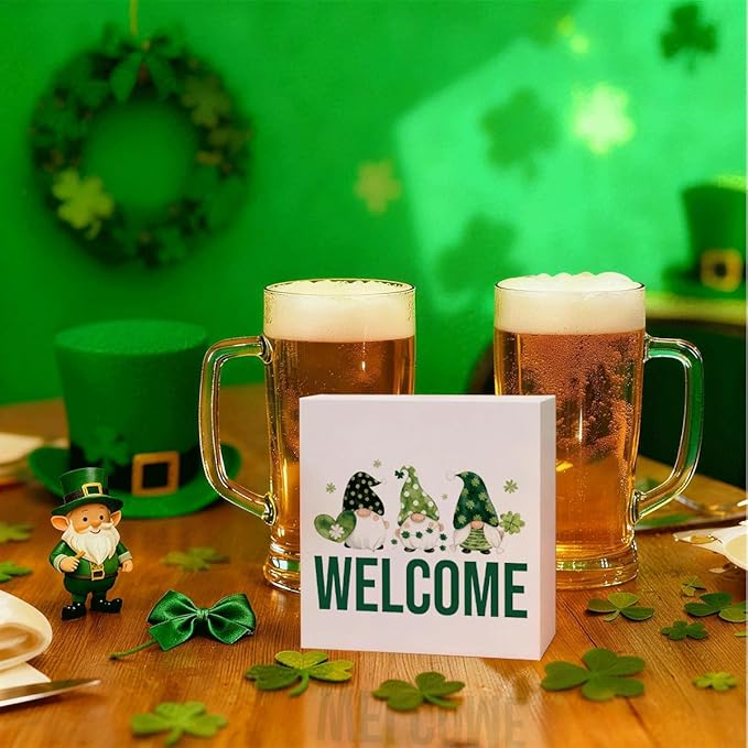 St. Patrick's Day Welcome Decor Wooden Box Sign, Irish Gnome Tabletop Welcome Sign for Home Entryway Shelf Desk, Cute Farmhouse Holiday Wooden Decoration for Irish Theme Home 5 x 5 Inches