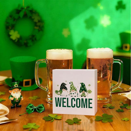 St. Patrick's Day Welcome Decor Wooden Box Sign, Irish Gnome Tabletop Welcome Sign for Home Entryway Shelf Desk, Cute Farmhouse Holiday Wooden Decoration for Irish Theme Home 5 x 5 Inches