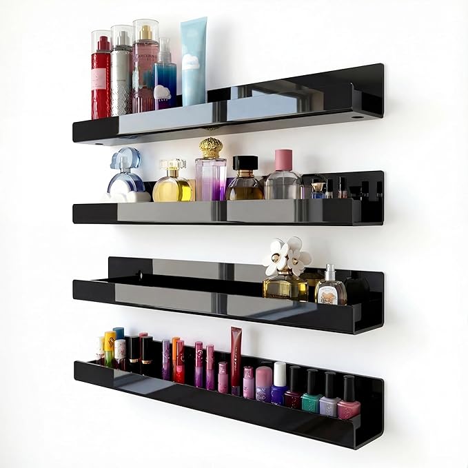 4 Pack 15 Inch Black Acrylic Shelves, Black Kids Floating Bookshelf for Kids Room, Modern Nail Polish Rack Sunglasses Essential Oil Picture Ledge Display Toy Storage Wall Shelf