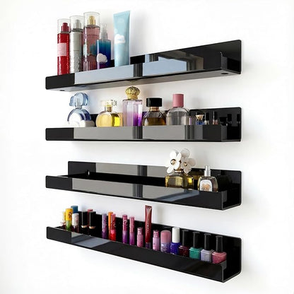 4 Pack 15 Inch Black Acrylic Shelves, Black Kids Floating Bookshelf for Kids Room, Modern Nail Polish Rack Sunglasses Essential Oil Picture Ledge Display Toy Storage Wall Shelf