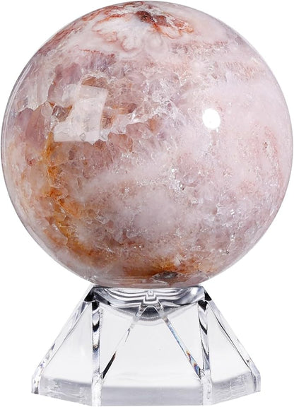 Natural Cherry Blossom Agate Crystal Ball with Acrylic Display Base, 50-60mm Polished Stone Feng Shui Crystal Sphere Meditation Decoration for Home & Office